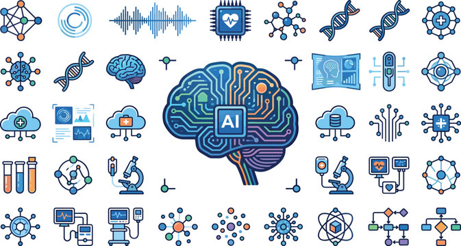 Artificial intelligence healthcare and biotechnology vector icons set featuring AI brain circuitry microscope dna and lab data analysis for medical website design