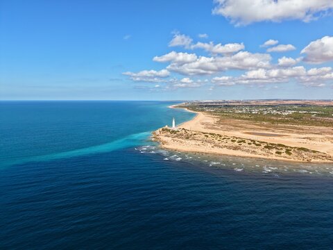 Faro de Trafalgar, aerial view of the lighthouse at a sandy headland with dunes between Los Ca&ntilde;os de Meca and Zahora, Conil de la Frontera, Vejer de la Frontera, Costa de la Luz, Andalusia, Spain