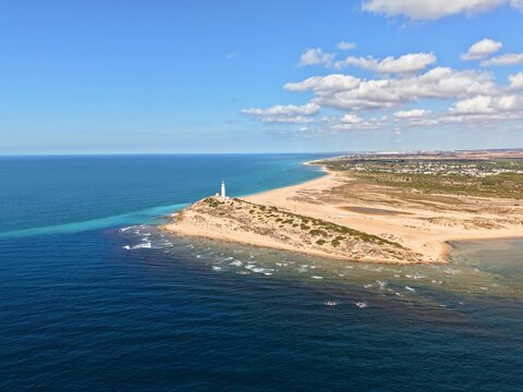 Faro de Trafalgar, aerial view of the lighthouse at a sandy headland with dunes between Los Ca&ntilde;os de Meca and Zahora, Conil de la Frontera, Vejer de la Frontera, Costa de la Luz, Andalusia, Spain