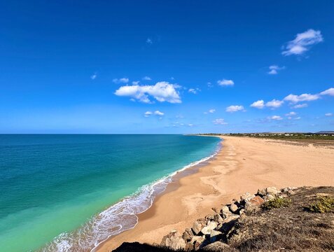 view from the Faro de Trafalgar lighthouse along the beach towards Zahora, Playa de las Plumas, Vejer de la Frontera, Costa de la Luz, Andalusia, Spain	