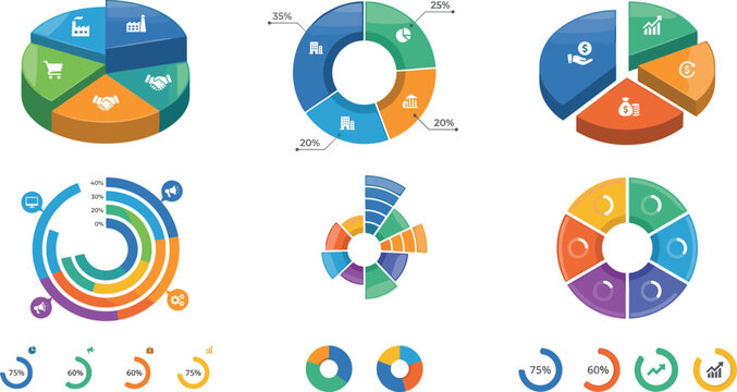Business infographic chart vector elements set featuring 3D pie charts donut diagrams and radial graphs for financial report marketing data visualization