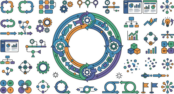 Business process optimization and agile workflow infographic vector elements set featuring circular loop charts gears and analytics dashboards for corporate project management presentations