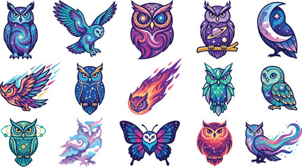 Celestial cosmic owl icons set featuring mystical galaxy birds and nebula elements for fantasy gaming graphic design and apparel branding © AntarChandra