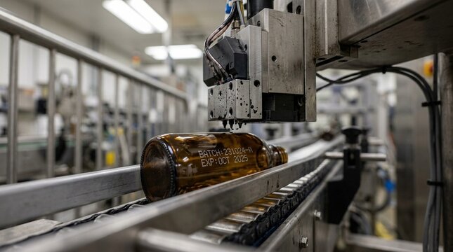 Freshness date coding machine close-up printer applying batch code macro - Industrial Food Production Stock Photo