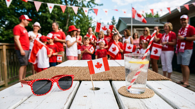 Canada Day celebration with family and friends, patriotic backyard party with Canadian flags, summer holiday gathering on a wooden deck