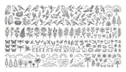 Hand drawn nature elements birds animals trees and flowers vector set with wildlife landscape botanical flamingo squirrel butterfly dragonfly mountain environment wilderness creature © Designer Pac 2