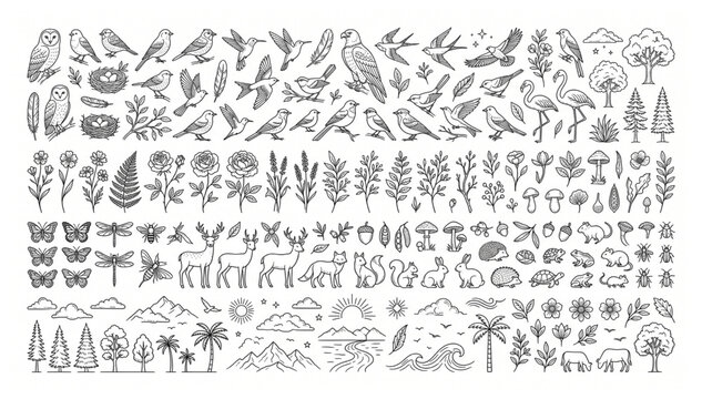 Hand drawn nature elements birds animals trees and flowers vector set with wildlife landscape botanical flamingo squirrel butterfly dragonfly mountain environment wilderness creature