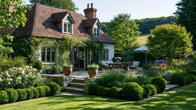 Idyllic English cottage with a charming garden, patio dining area, and lush green lawn on a sunny summer day