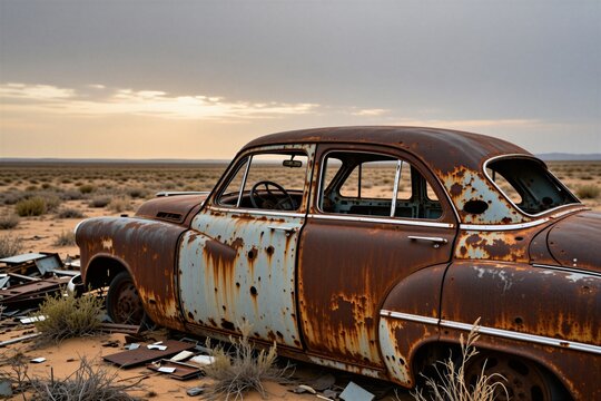 Old rusty car body sits in desert landscape under cloudy sky. Abandoned vehicle shows signs of extreme decay and damage. Metal texture creates a grimy, aged aesthetic. Overcast weather adds mood.