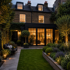 Obraz premium London townhouse brick facade featuring a contemporary glazed extension, leading to a perfectly manicured garden with ambient lighting