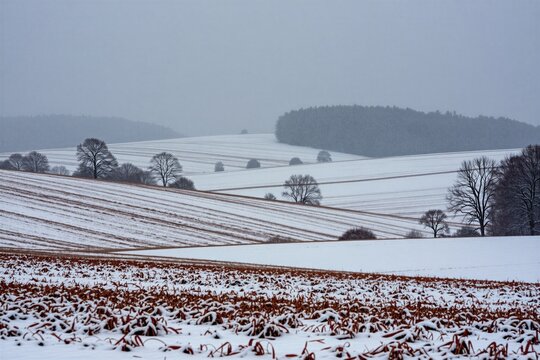 Rolling snow covered fields with distant woods under heavy snowfall. Brown crop stubble peeks through white winter blanket. Landscape offers quiet, cold, rural scene. Trees stand bare against grey