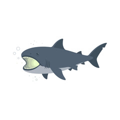 Fototapeta premium Stylized Vector Illustration of a Friendly Dark Blue Shark Swimming with Mouth Open