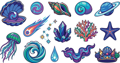 Cosmic ocean and celestial marine life asset set featuring planet comet seashell jellyfish crystal and coral vector illustrations for fantasy gaming merchandise layouts © AdhinChandra