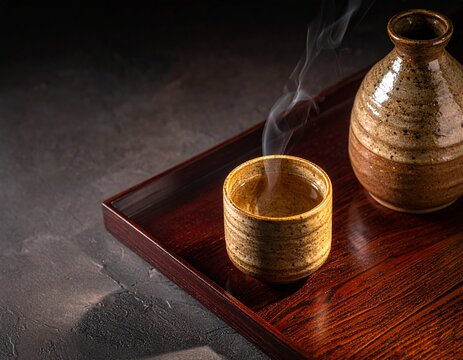 湯気が立ち上る徳利とお猪口 木製のトレイとシックな背景の日本酒セット
