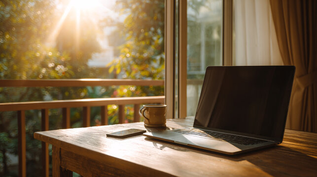 Beautiful Modern Home Office Workspace for Online Remote Work, Laptop Desk Setup, Productivity and Work from Home Concept