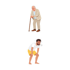 Fototapeta premium Illustration of an Elderly Man Leaning on a Walking Cane and a Tired Exhausted Athlete