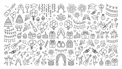 Celebration and festive party icon set featuring music graduation wedding event elements celebration graduation balloons anniversary instruments fireworks champagne congratulations © Designer Pac 2