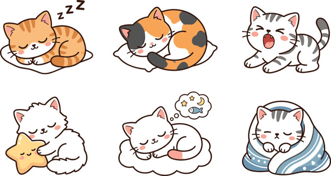 Cute cat character vector illustration set showing sleepy kittens sleeping yawning and wrapped in blanket for nursery decor and children book design