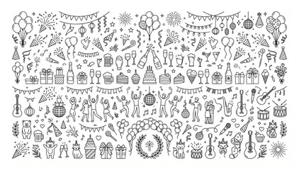 Party and celebration doodle icon set with festive elements celebration birthday decoration illustration champagne firework confetti instrument entertainment gathering anniversary © Designer Pac 2