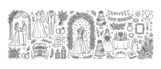 Obraz premium Wedding ceremony doodle illustration set with couple arch cake bouquet and romantic love elements marriage ceremony proposal invitation celebration champagne anniversary romantic ornament