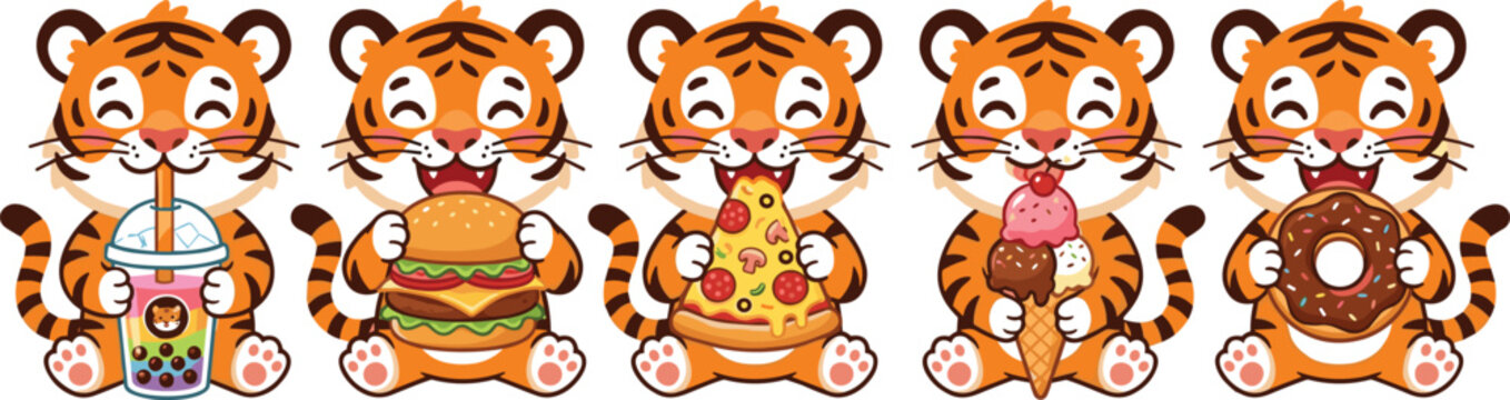 Cute tiger cartoon character food vector illustration set eating boba tea burger pizza ice cream and donut for children menu design