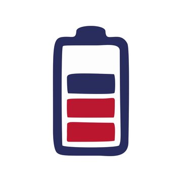 A graphic illustration of a battery with blue and red sections on a white background shows technology and energy.