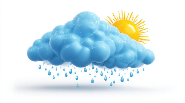 Realistic 3D Blue Cloud with Rain and Sun, Cute Cartoon Weather Vector Illustration, Happy Climate Concept Design