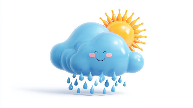 Realistic 3D Blue Cloud with Rain and Sun, Cute Cartoon Weather Vector Illustration, Happy Climate Concept Design