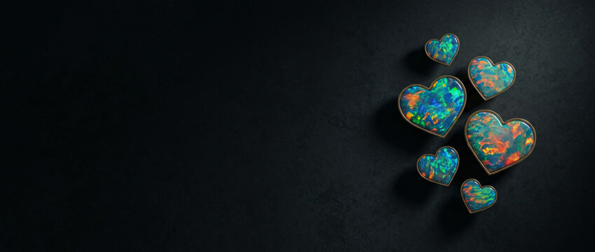 Heart shaped opals on dark background