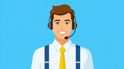 Plakat Smiling man wearing headset and tie. Male customer service agent works in call center. He consults clients with friendly assistance. Pro operator helps people.