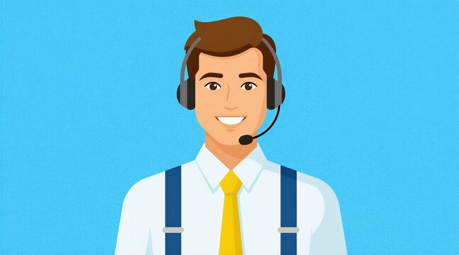 Smiling man wearing headset and tie. Male customer service agent works in call center. He consults clients with friendly assistance. Pro operator helps people.