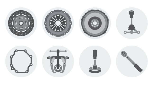 minimal flat vector icon set of transmission repair tools including clutch disc, pressure plate, flywheel, gear selector, transmission gasket, bearing puller, seal installer, and torque wrench, Scandi
