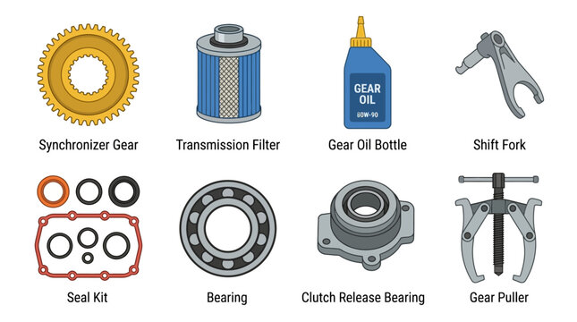 minimal flat vector illustration collection of transmission service components including synchronizer gear, transmission filter, gear oil bottle, seal kit, bearing, shift fork, clutch release bearing,