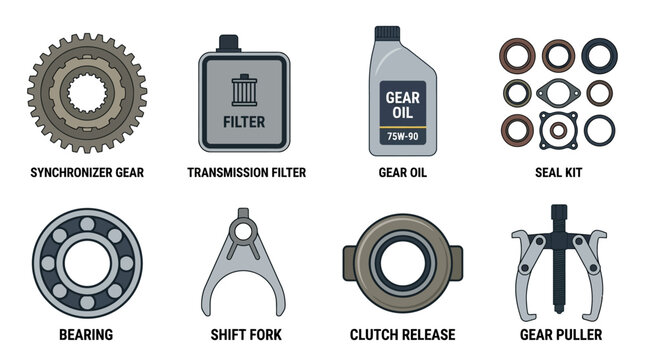 minimal flat vector illustration collection of transmission service components including synchronizer gear, transmission filter, gear oil bottle, seal kit, bearing, shift fork, clutch release bearing,