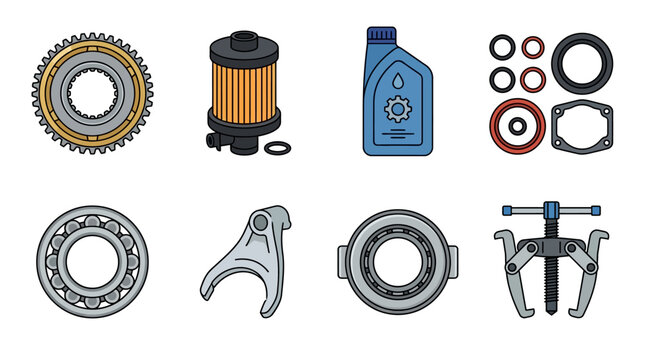 minimal flat vector illustration collection of transmission service components including synchronizer gear, transmission filter, gear oil bottle, seal kit, bearing, shift fork, clutch release bearing,