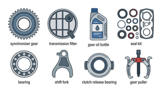 minimal flat vector illustration collection of transmission service components including synchronizer gear, transmission filter, gear oil bottle, seal kit, bearing, shift fork, clutch release bearing,
