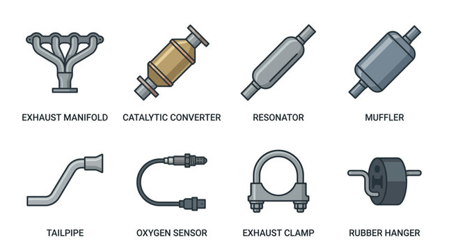 minimal flat vector icon set of automotive exhaust system components including exhaust manifold, catalytic converter, resonator, muffler, tailpipe, oxygen sensor, exhaust clamp, and rubber hanger, edi