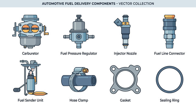 minimal flat vector illustration collection of automotive fuel delivery parts including carburetor, fuel pressure regulator, injector nozzle, fuel line connector, fuel sender unit, hose clamp, gasket,