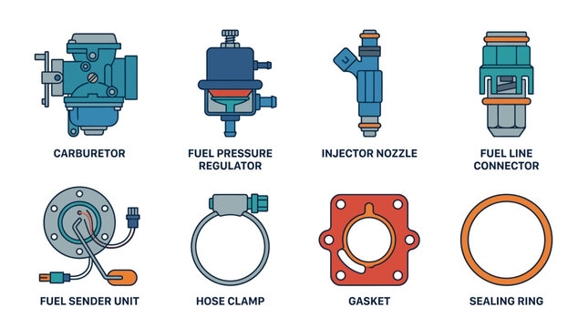 minimal flat vector illustration collection of automotive fuel delivery parts including carburetor, fuel pressure regulator, injector nozzle, fuel line connector, fuel sender unit, hose clamp, gasket,