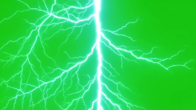 Single bright lightning bolt strike isolated on green screen storm weather