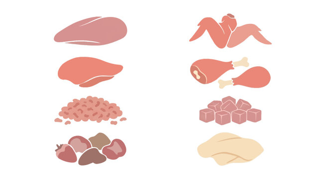 colored silhouette vector set of cooking-ready chicken portions including breast fillet, thigh fillet, wings, drumsticks, minced chicken, diced meat, giblets, and chicken skin, Scandinavian-inspired f