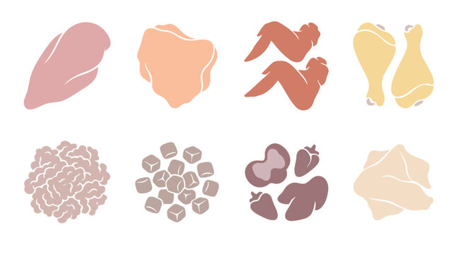 colored silhouette vector set of cooking-ready chicken portions including breast fillet, thigh fillet, wings, drumsticks, minced chicken, diced meat, giblets, and chicken skin, Scandinavian-inspired f
