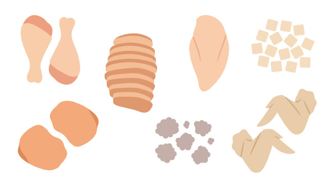 colored silhouette vector set of assorted chicken portions including split breast, wingette, drumette, whole wing, thigh fillet, diced chicken, and whole leg, Scandinavian-inspired flat vector, muted 