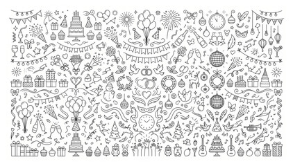 Wedding and celebration party doodles hand drawn set with celebration handdrawn marriage decoration balloons champagne greetings anniversary engagement partydecor festivities elements © Designer Pac 2