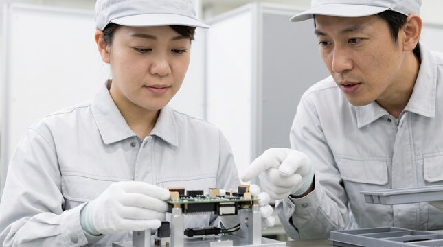 製造工場で基板の組み立て作業を学ぶ日本人女性作業員と指差しでOJT指導する男性