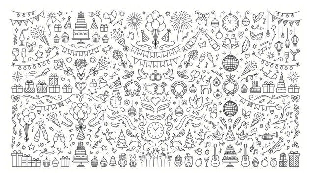 Wedding and celebration party doodles hand drawn set with celebration handdrawn marriage decoration balloons champagne greetings anniversary engagement partydecor festivities elements