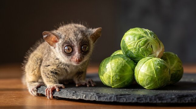 Baby bushbaby with Brussels sprouts