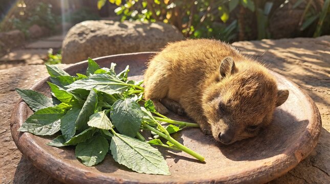Baby hyrax with jute leaves