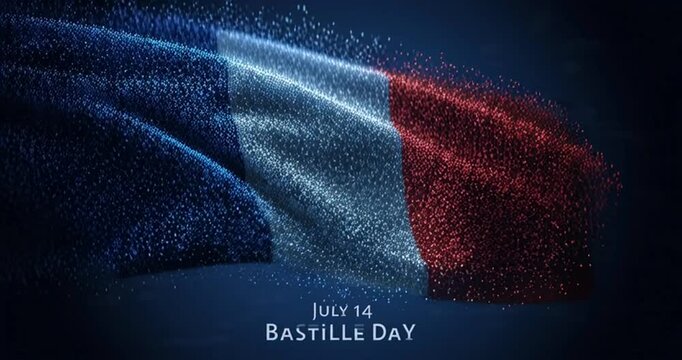 Banner 14 july bastille day in france, poster with french colorful laser light show on dark blue background. Laser france flag. French national holiday. Vector. Translation July 14 Bastille Day