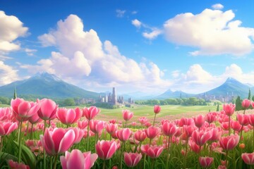 Fototapeta premium Empty tulip field stage landscape panoramic outdoors.